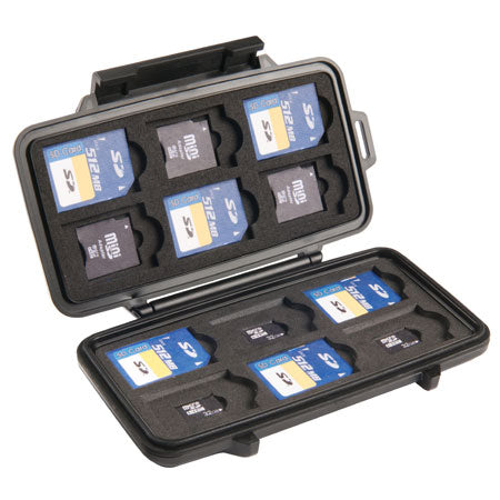 A black Pelican 0915 SD Card Case open and filled with various SD memory cards.