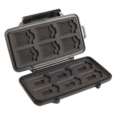 A black Pelican 0915 SD Card Case open showing the precut foam designed to hold 12 SD Cards.