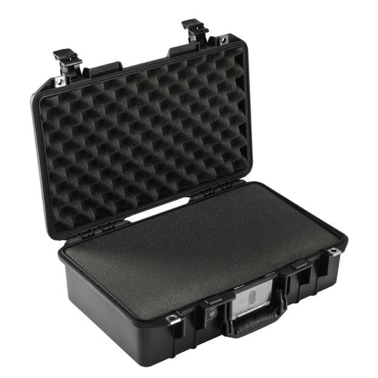 A black Pelican 1485 Air Case open showing the foam interior inside.