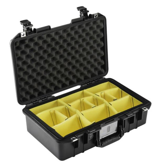 A black Pelican 1485 Air Camera Case with yellow padded dividers, open and showing the interior.