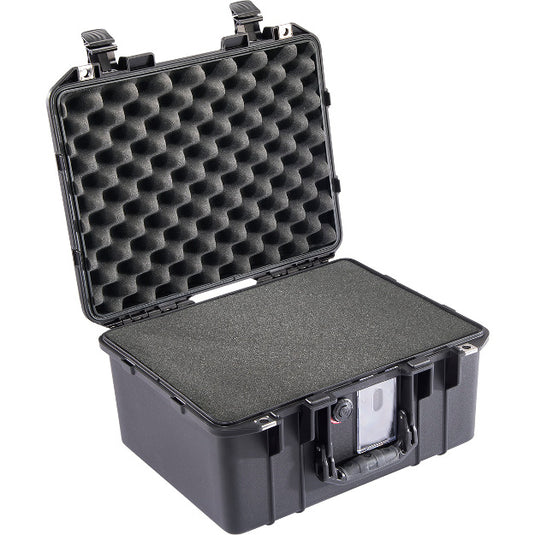 A black Pelican 1507 Air Case open, showing the foam interior.
