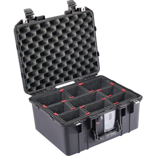 A black Pelican 1507 TrekPak Air Case with foam dividers, open and showing the interior.