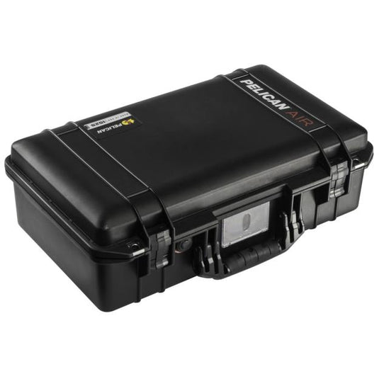 A black Pelican 1525 TrekPak Air Case closed showing the front handle and business card holder.