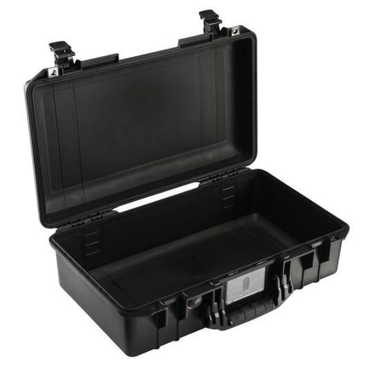 A black Pelican 1525 Air Case open with no foam inside.