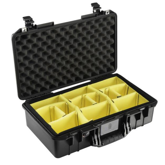 A black Pelican 1525 Air Camera Case with yellow padded dividers, open and showing the interior.