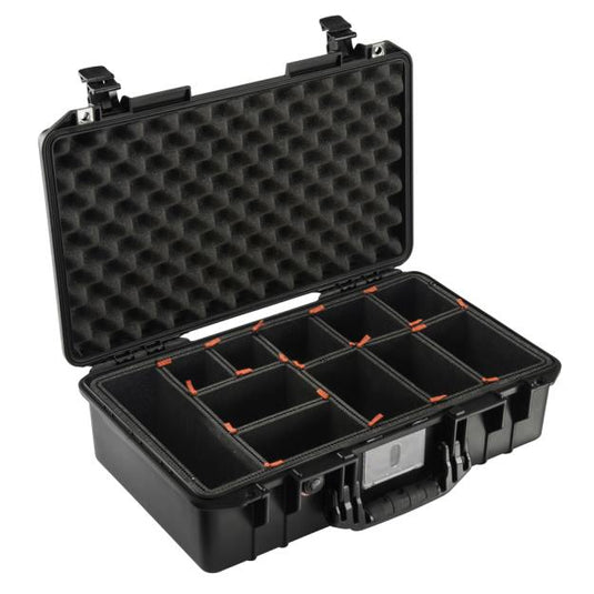 A black Pelican 1525 TrekPak Air Case with its lid open, showing the interior with dividers and Press and Pull latches.