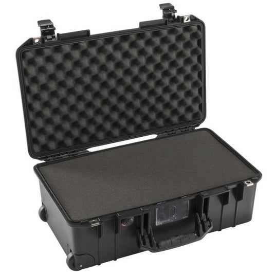 A black Pelican 1535 Air Carry-On Case open, showing the foam interior.