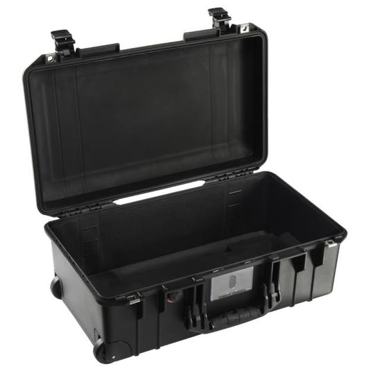 A black Pelican 1535 Air Carry-On Case open with no foam inside.