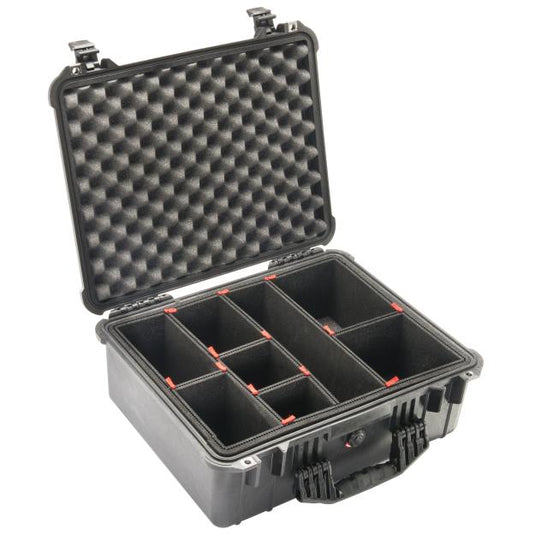 A black Pelican 1550 TrekPak case with its lid open, showing the interior with dividers.