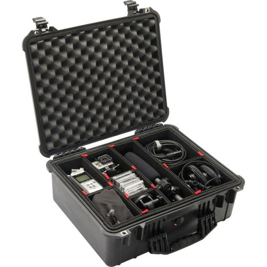 A black Pelican 1550 TrekPak case open with equipment placed inside the interior divider slots.
