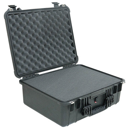 A black Pelican 1550 case with a foam interior.