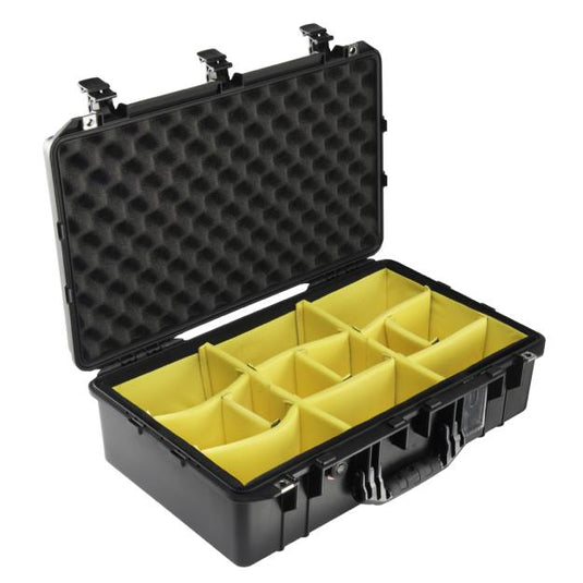 A black Pelican 1555 Air Camera Case with yellow padded dividers, open and showing the interior.