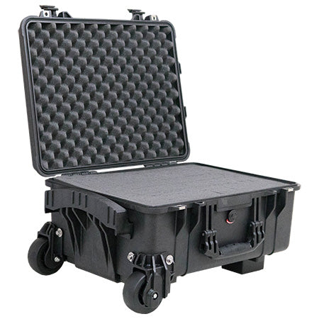 A black Pelican 1560M case, featuring heavy-duty wheels and a comfortable pull handle, open with a foam interior.