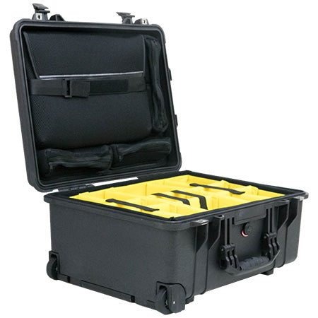 A black Pelican 1560SC studio case is open, displaying its interior with yellow padded dividers and black lid organizer.