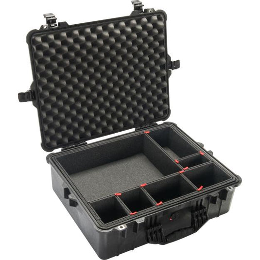 A black Pelican 1600 TrekPak case with its lid open, showing the interior dividers.