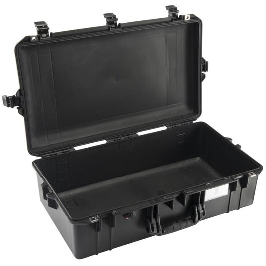 A black Pelican 1605 Air Case open with no foam inside.