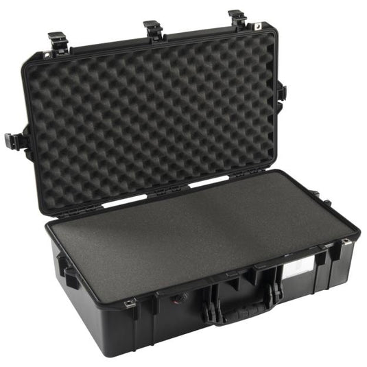 A black Pelican 1605 Air Case with its lid open, showing the foam interior.