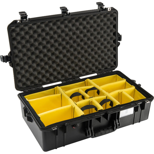 A black Pelican 1605 Air Camera Case with yellow padded dividers inside, open and showing the interior.