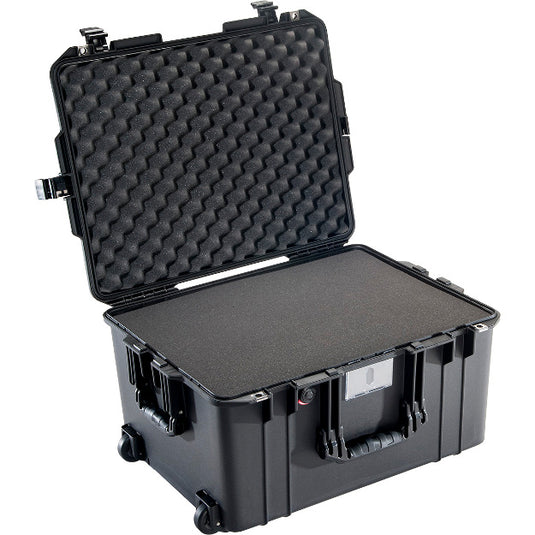 A black Pelican 1607 Air Case with its lid open, showing the foam interior.