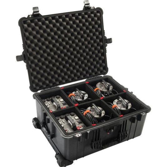A black Pelican 1610 TrekPak case open with equipment placed into the interior divider slots.