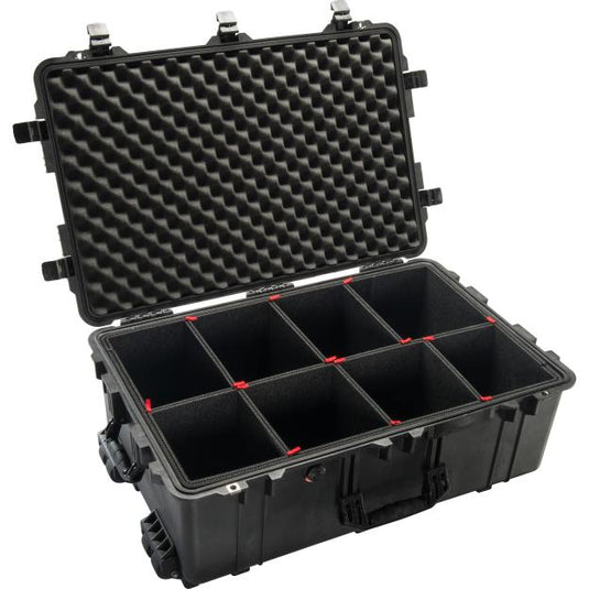 A black Pelican 1650 TrekPak case with its lid open, showing the interior with dividers.