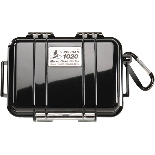 A black Pelican 1020 Micro Case with a black front, black interior and, featuring a carabiner clip.