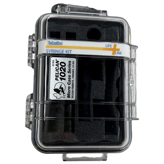 A clear, hard-shell Pelican 1020 case with custom foam insert for syringes.