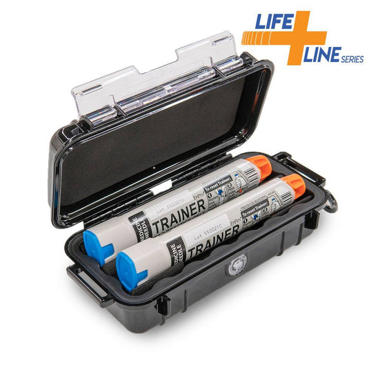 A black Pelican 1030 micro case open, displaying two EpiPen containers lying inside precut custom foam.