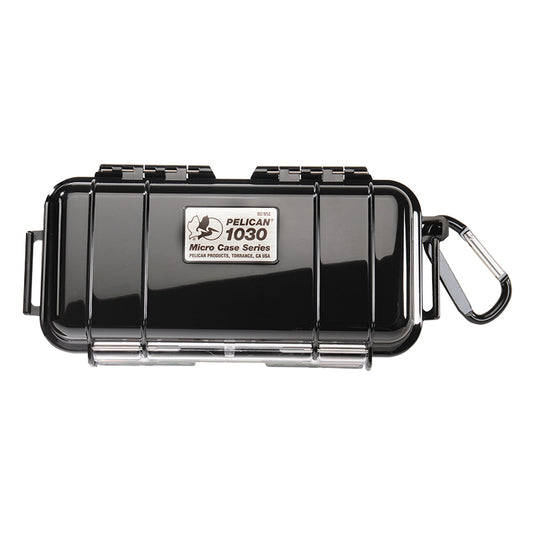 A black Pelican 1030 Micro Case with a carabiner clip, and branding on the front.