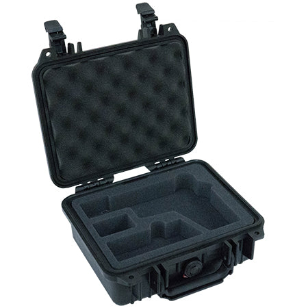 A black Pelican 1200 case open with the custom Universal Handgun foam insert inside.