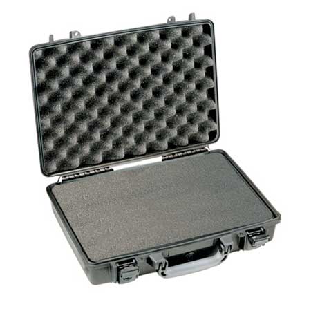A black Pelican 1490 laptop case with foam interior padding.