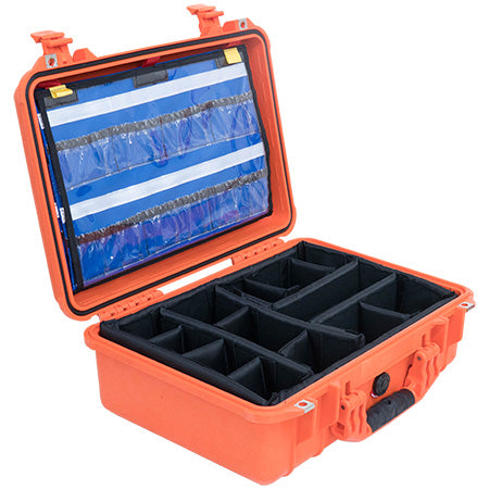 Orange Pelican 1500 EMS case with black padded dividers inside the bottom part of the case and a blue organizer in the lid of the case.
