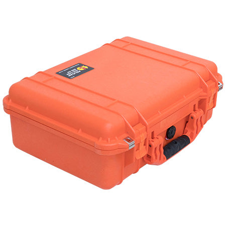 The orange Pelican 1500 EMS case closed, showing the exterior handle and latches.