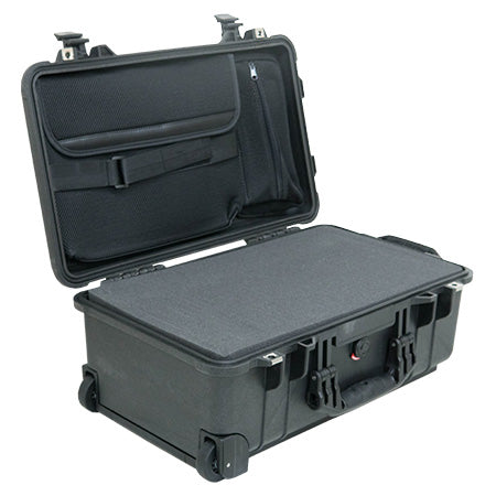 A black Pelican 1510LFC laptop case is open, showing the interior lid organizer, and protective foam.