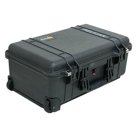 A black Pelican 1510LFC laptop case closed, showing the wheels, handle, and latches.