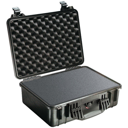 A black Pelican 1520 case with a foam interior.