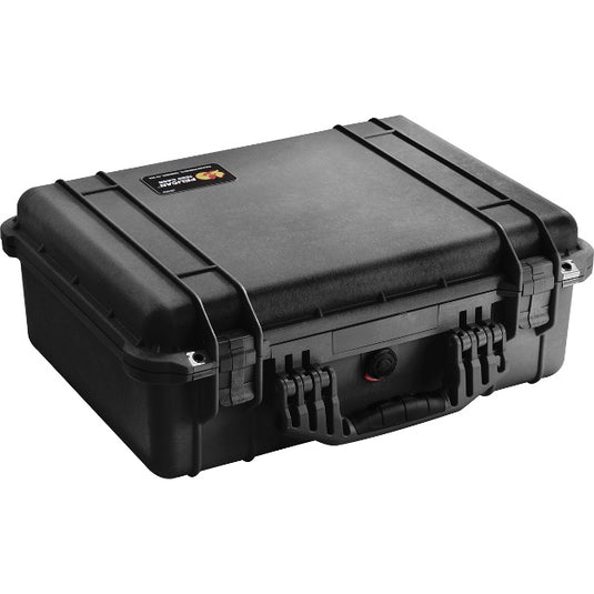 A black Pelican 1520 case closed, showing the exterior handle, and latches.