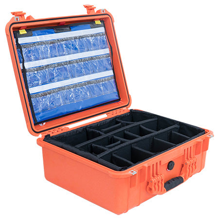 An orange Pelican 1550 EMS Case is open with black padded dividers and a blue lid organizer.