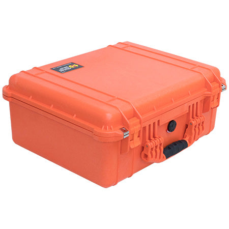 An orange Pelican 1550 EMS Case closed showing the exterior handle and latches.