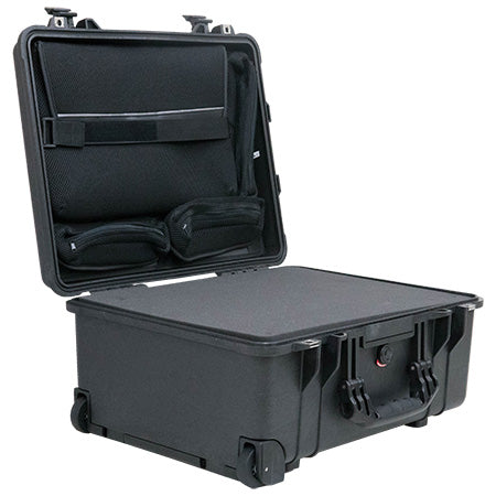 A black Pelican 1560LFC laptop case with its lid open, showing the interior with Pick N Pluck foam and a lid organizer.