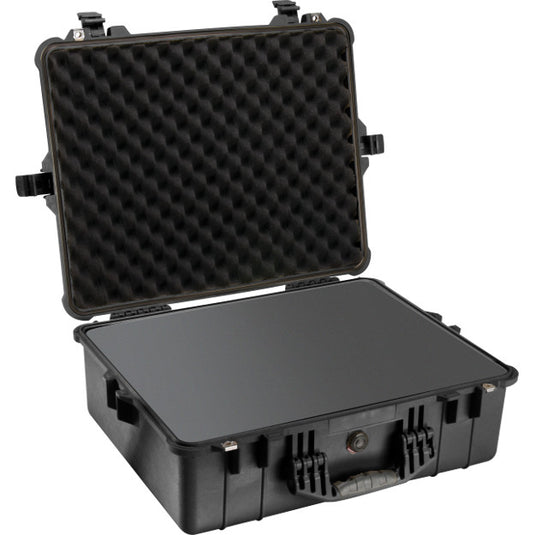 A black Pelican 1600 case with a foam interior.