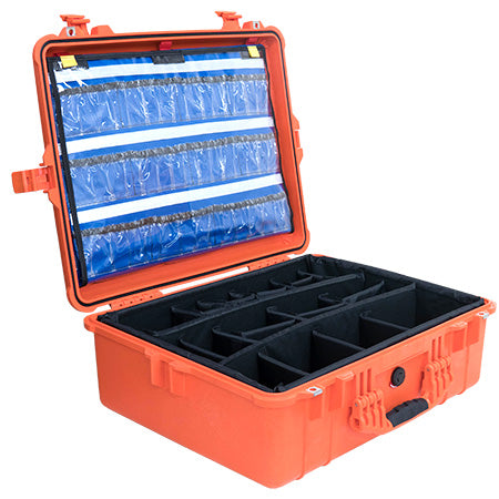 An orange Pelican 1600 EMS case with an open lid, showing padded dividers in the bottom of the case and storage compartments in the lid of the case.