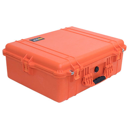 An orange Pelican 1600 EMS case closed, showing its handle and latches.