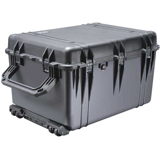A black Pelican 1660 Transport Case closed, showing the exterior wheels, handles, and latches.