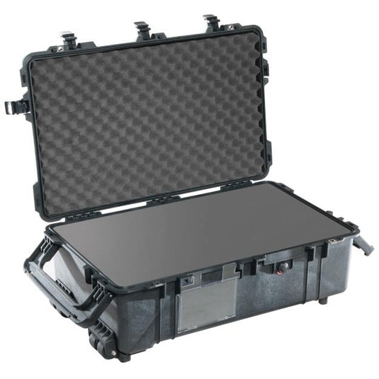 A black Pelican 1670 Transport Case with a foam interior.