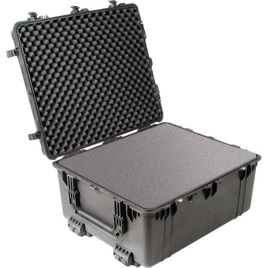 A black Pelican 1690 Transport Case with a foam interior.