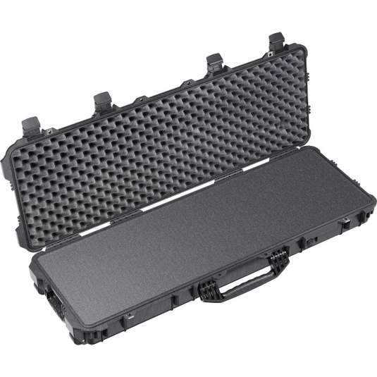 A black Pelican 1720 Long Case open showing a foam interior.