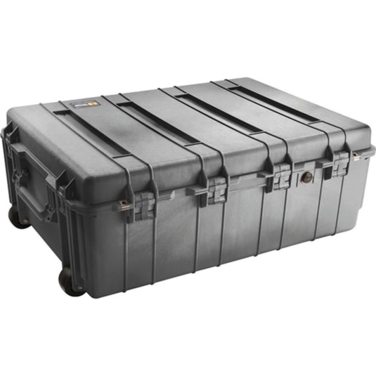 A black Pelican 1730 transport case closed, showing the exterior handles, wheels, and latches.