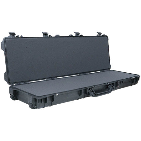 A black Pelican 1750 Long Case, open showing the foam interior.