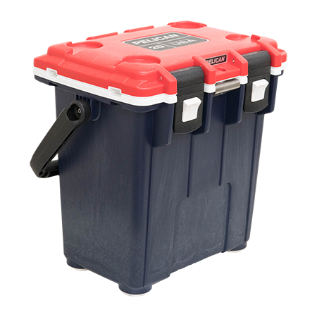 A blue base, white accents and red lid Pelican 20Qt Elite Cooler.